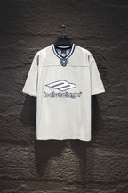 Balenciaga white T-shirt with blue-trim collar and front logo print