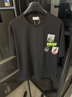 Black crew-neck T-shirt with Dior patch graphic on chest