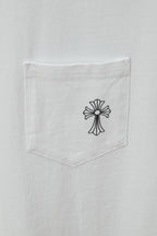 White T-shirt chest pocket with black cross-flower graphic