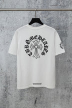 White crew-neck T-shirt with large back cross-style graphic and sleeve print