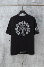 Black crew-neck T-shirt with large back cross-style graphic and small hem label