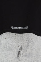 Black crew-neck T-shirt neckline with white logo text band