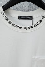 White crew-neck T-shirt neckline with black logo text band