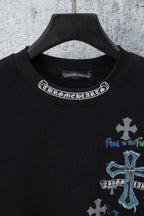 Black short-sleeve T-shirt neckline with logo band and blue cross embroidery