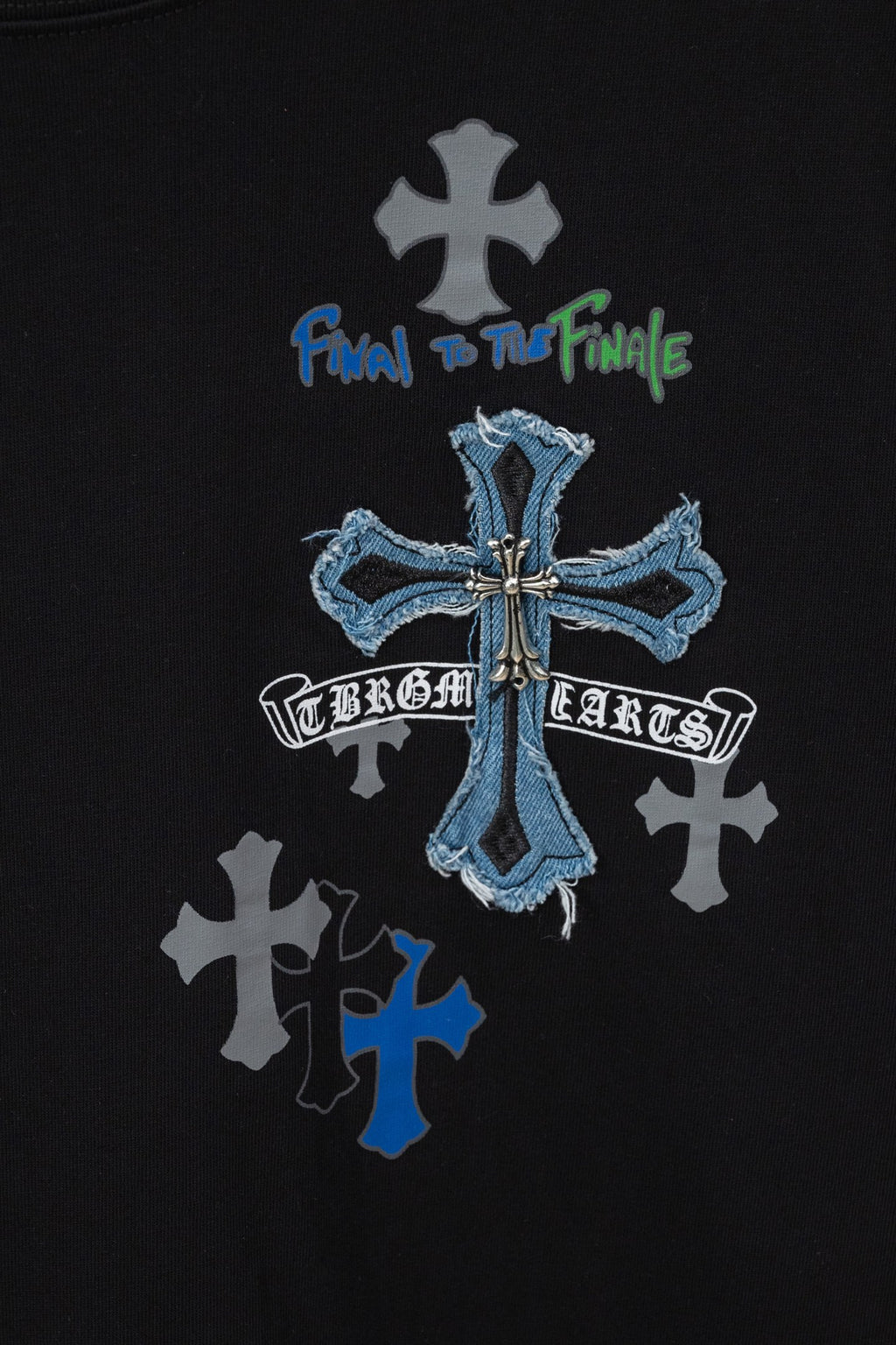 Black crew-neck T-shirt with blue cross and text graphic at center front