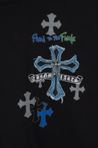 Black crew-neck T-shirt with blue cross and text graphic at center front