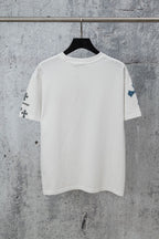 White short-sleeve crew-neck T-shirt with small cross graphics on sleeves