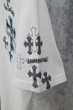 White crew-neck T-shirt with large cross prints on front and sleeve