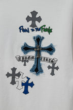 White crew-neck T-shirt with blue final pre finale cross and crest graphic