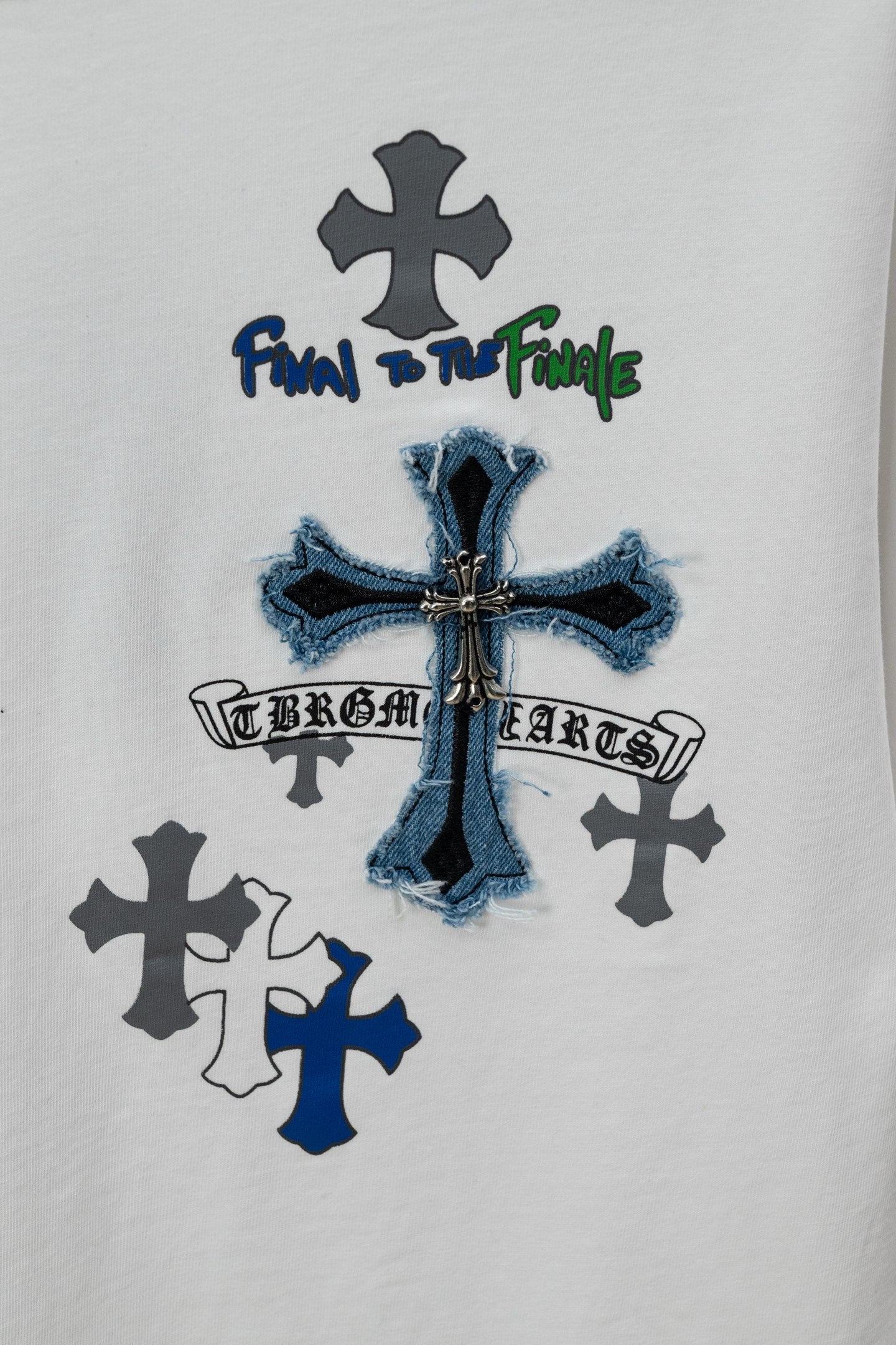 White crew-neck T-shirt with blue final pre finale cross and crest graphic