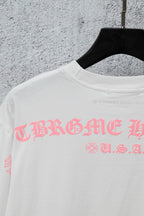 White short-sleeve T-shirt with pink graphic lettering across the chest