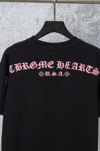 Black short-sleeve T-shirt with centered back graphic lettering and small print