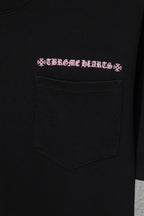 Black short-sleeve T-shirt with pink graphic text and front chest pocket