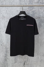 Black short-sleeve T-shirt with small chest logo on left side
