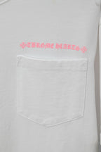 White short-sleeve T-shirt with pink graphic text over a chest pocket