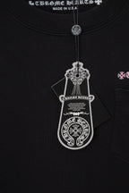 Black short-sleeve T-shirt with crest pendant graphic at chest