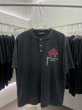 Short-sleeve T-shirt, dark with pink cross embroidery and henley buttons