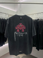 Short-sleeve T-shirt, dark with large pink cross embroidery on the back
