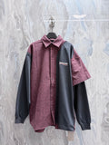 Two-tone long-sleeve jacket with burgundy check and dark gray panels, button front, collar