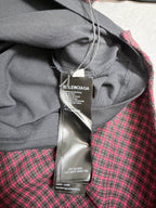 Long-sleeve jacket with dark gray hood and burgundy check trim, Balenciaga neck label