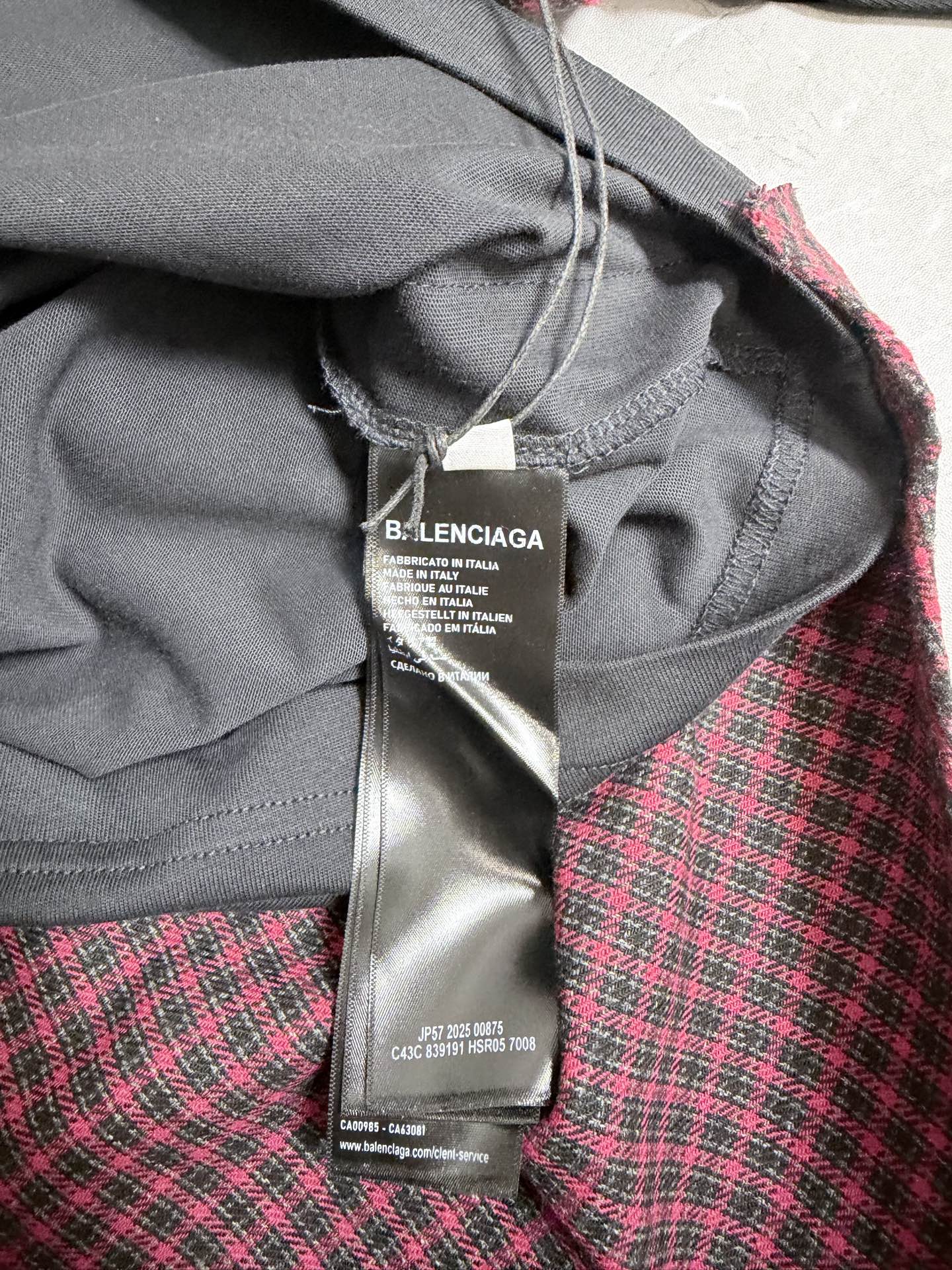 Long-sleeve jacket with dark gray hood and burgundy check trim, Balenciaga neck label