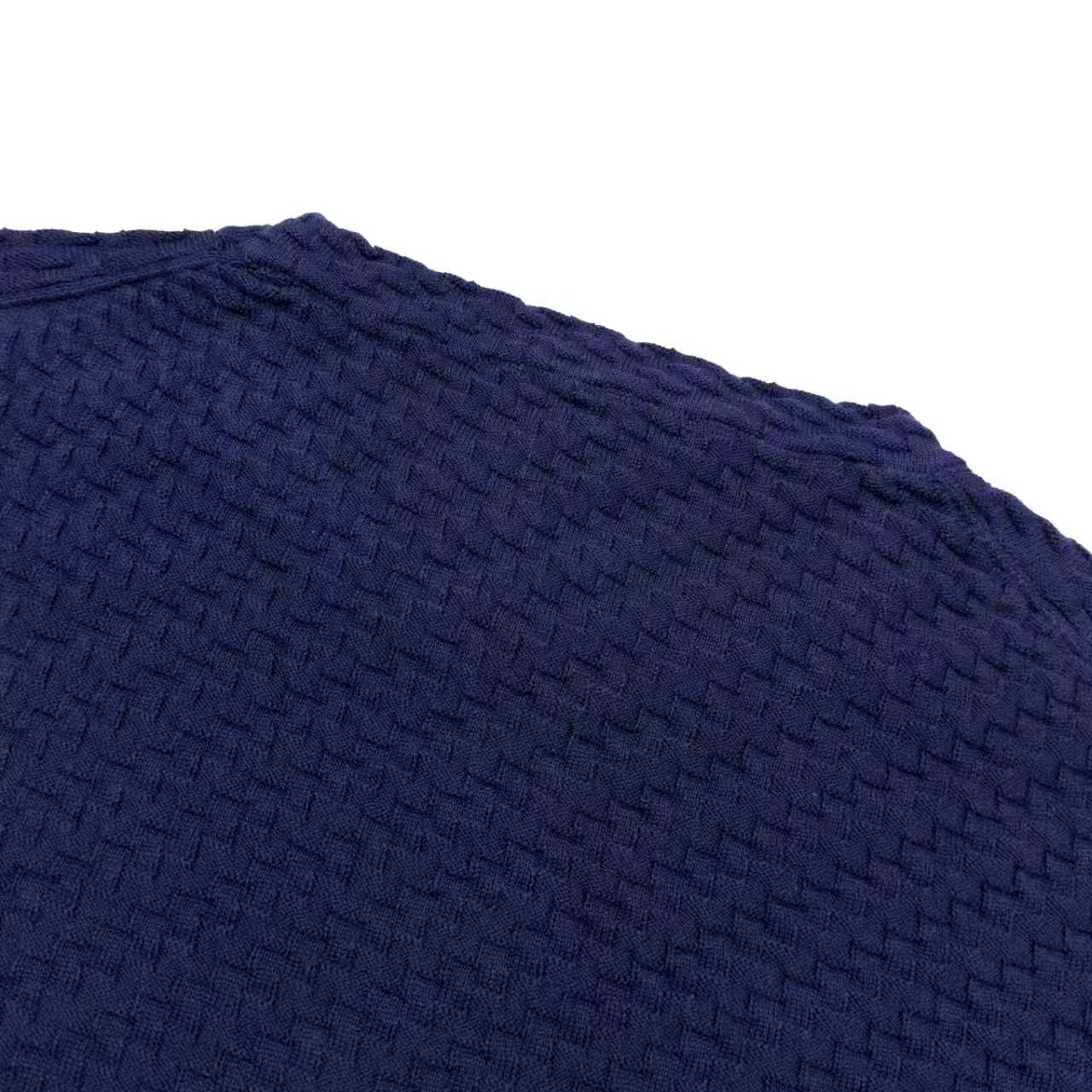 Dark blue short-sleeve knit sweater close-up of textured stitch pattern