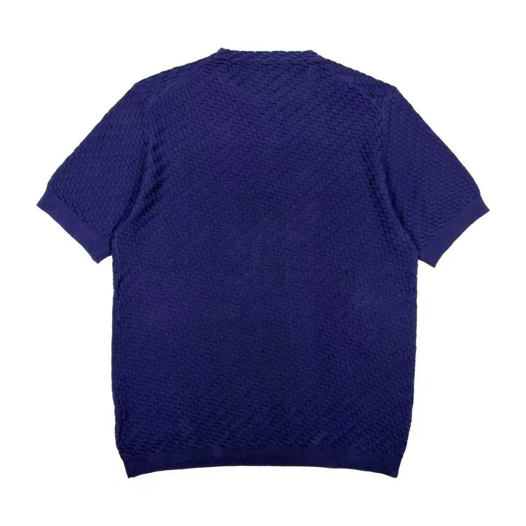 Dark blue short-sleeve knit sweater with crew neck, textured knit back view