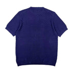Dark blue short-sleeve knit sweater with crew neck, textured knit back view