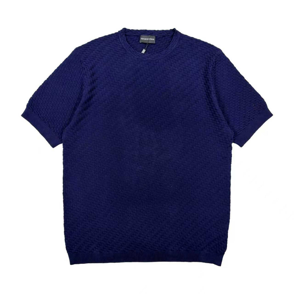 Dark blue short-sleeve knit sweater with crew neck and ribbed hem