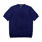 Dark blue short-sleeve knit sweater with crew neck and ribbed hem