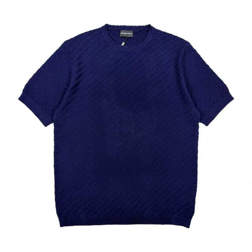 Dark blue short-sleeve knit sweater with crew neck and ribbed hem