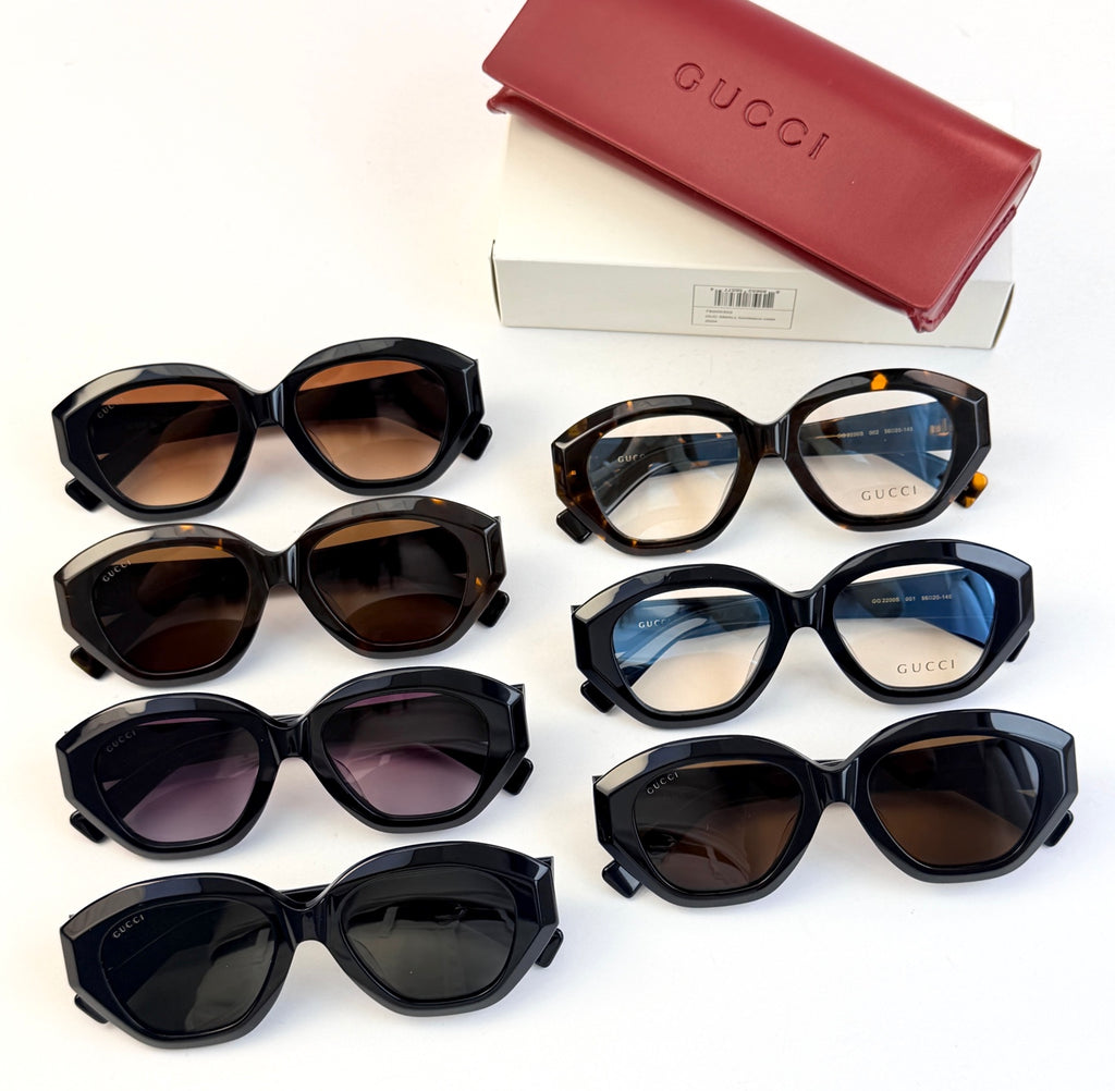 Assorted sunglasses set with different frame colors, featuring gold double-G logos