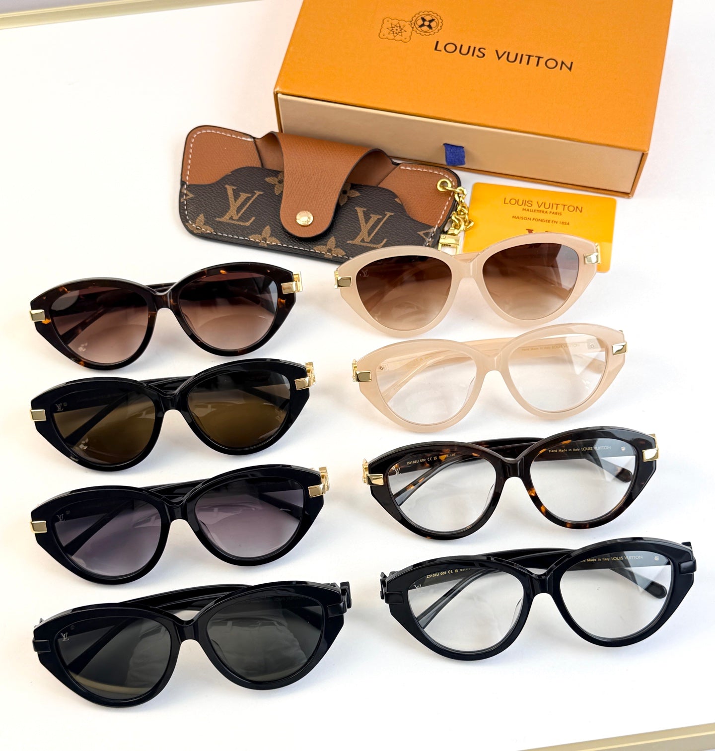 Assorted sunglasses set: black, tortoiseshell, and light frames with tinted lenses