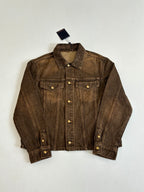 Louis Vuitton brown denim jacket front view with snap button placket and flap pockets