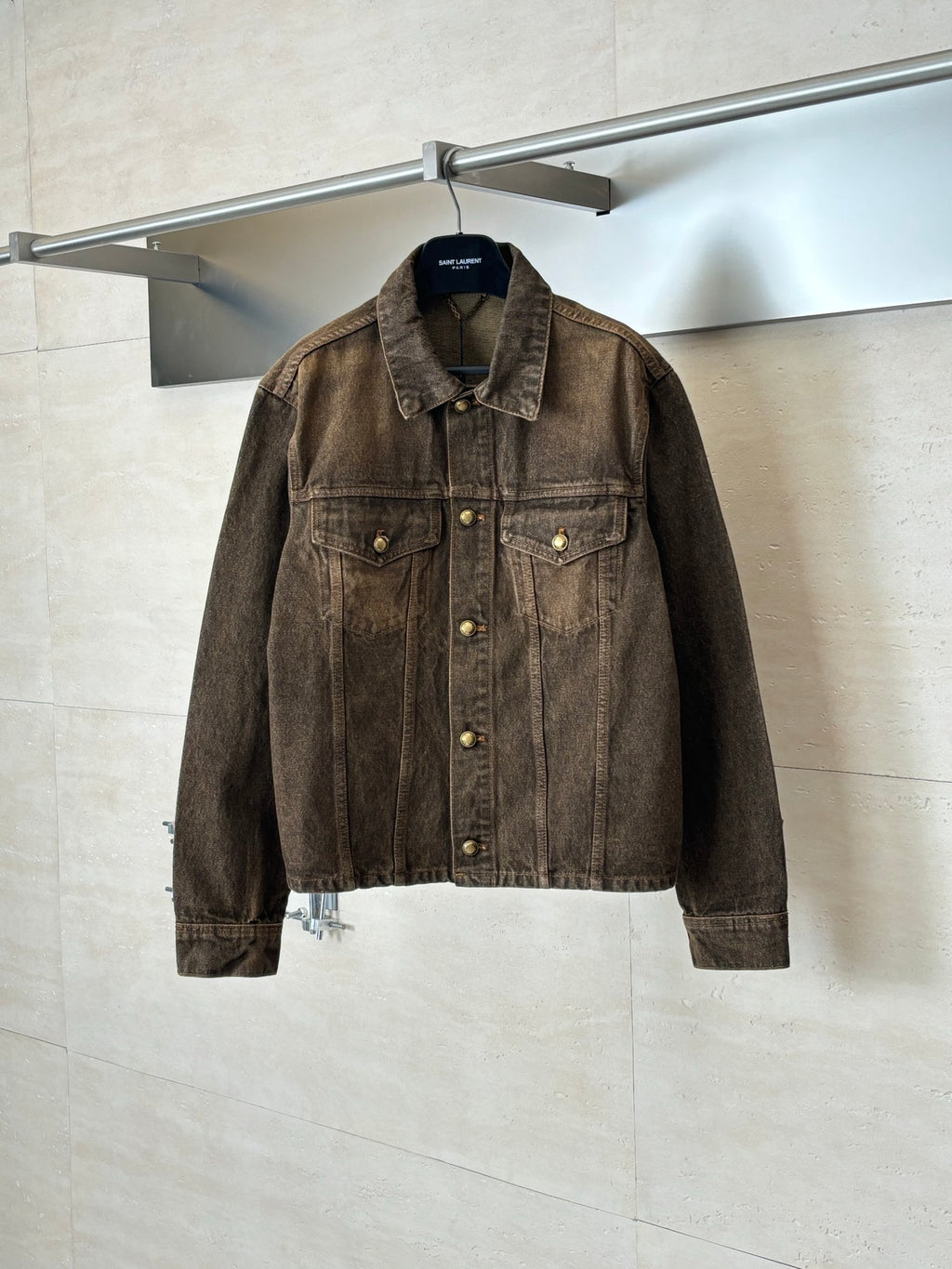 Louis Vuitton brown denim jacket with button front and chest flap pockets