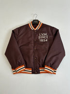 Louis Vuitton long bomber jacket, front view dark brown with orange-striped rib trims
