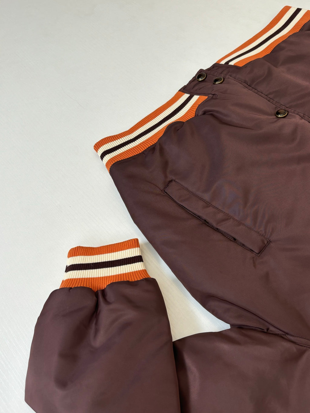 Louis Vuitton long bomber jacket sleeve and hem, dark brown with orange and striped trim