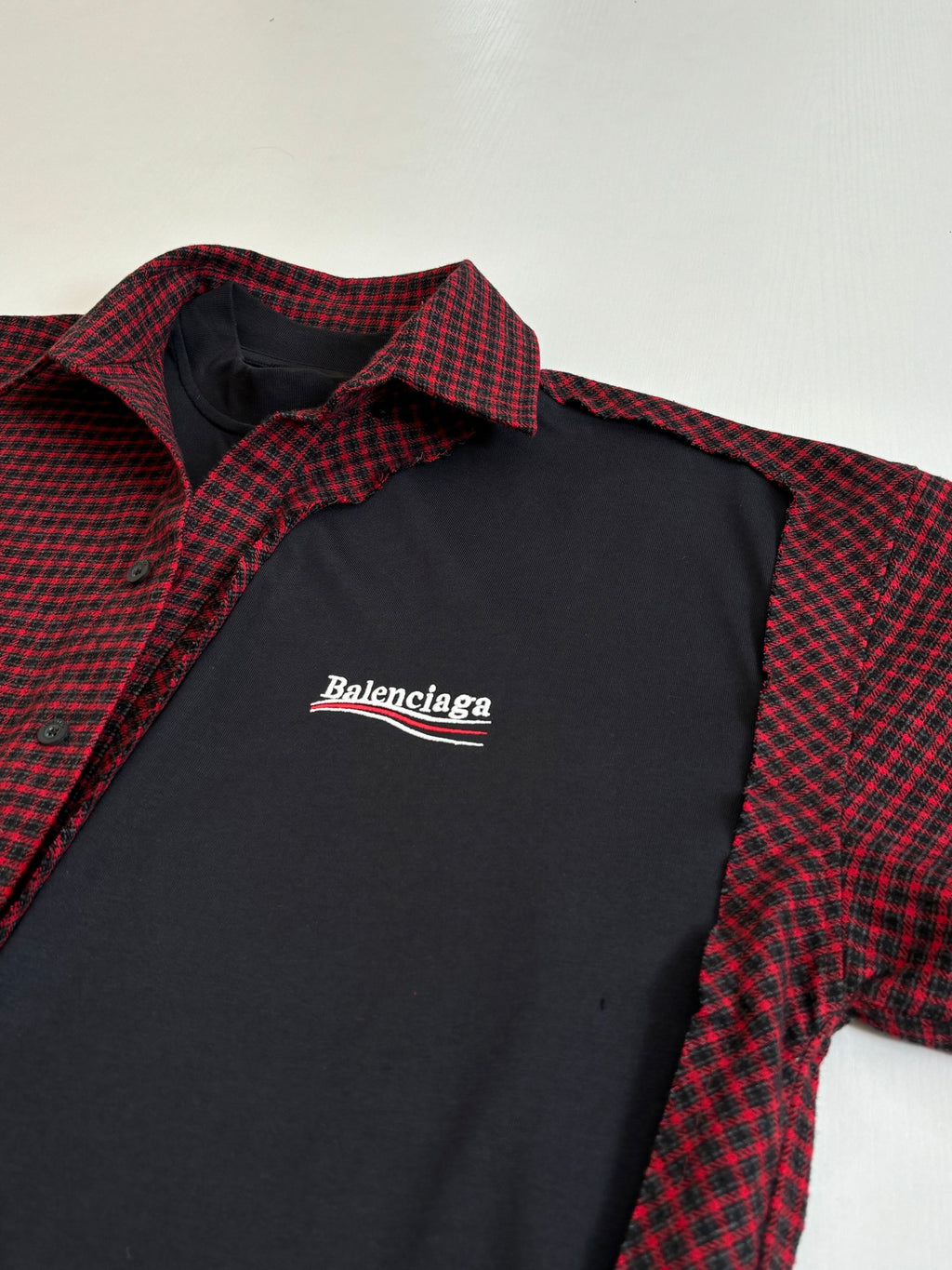 Balenciaga long-sleeve shirt logo on black panel with red check collar