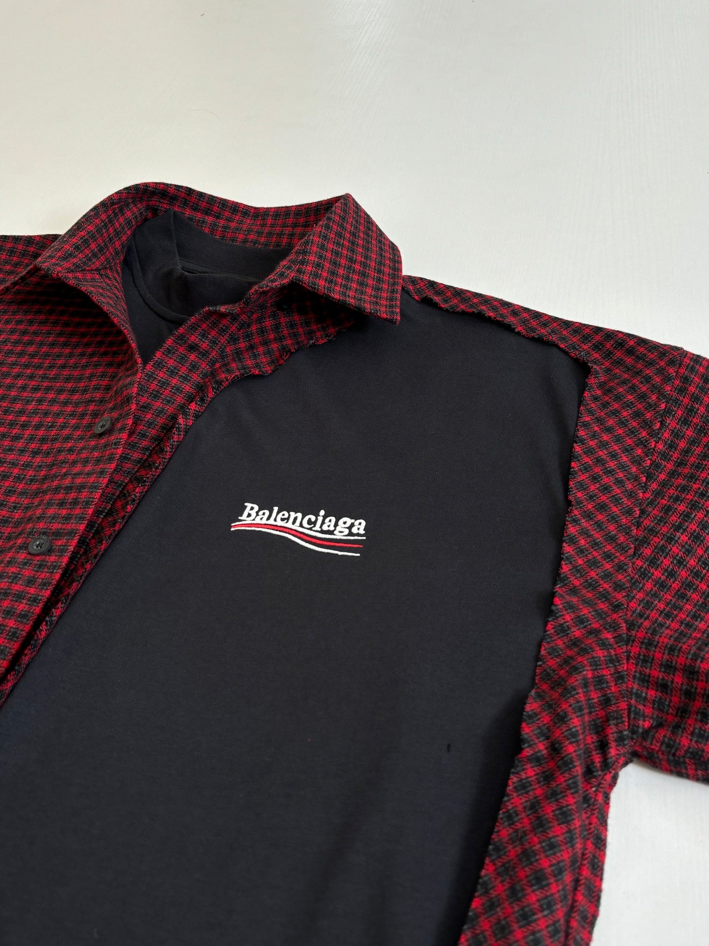 Balenciaga long-sleeve shirt logo on black panel with red check collar