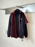 Balenciaga long-sleeve shirt with red-and-black check yoke and black sleeves