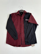 Balenciaga long-sleeve shirt front view; red check panel with black sleeves and buttons