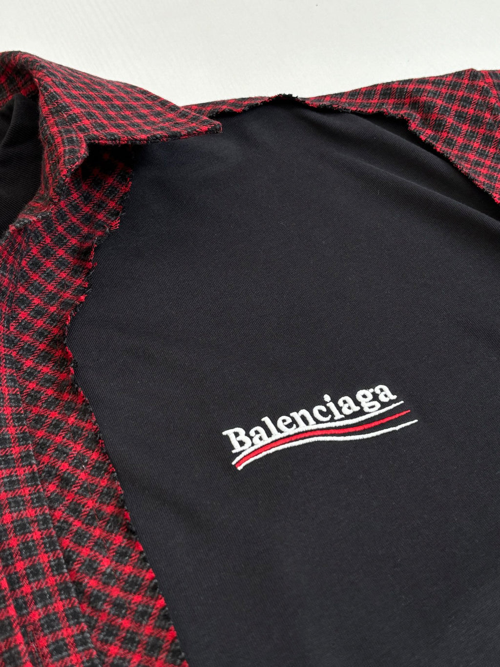 Balenciaga long-sleeve shirt chest logo on black panel with red check trim