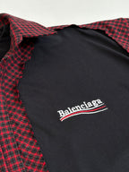 Balenciaga long-sleeve shirt chest logo on black panel with red check trim