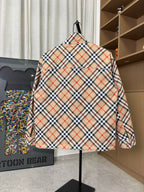 Burberry long jacket, beige plaid, back view with long sleeves and stand collar