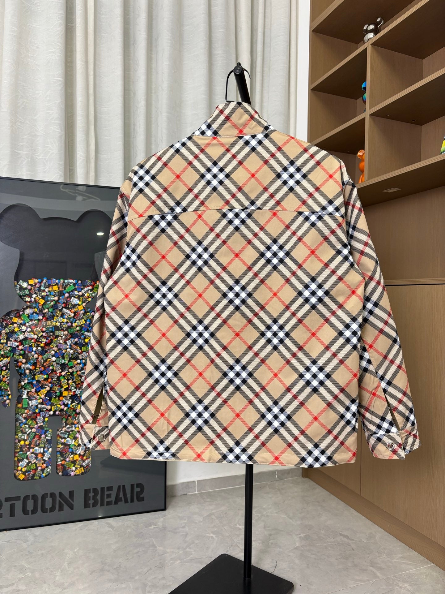 Burberry long jacket, beige plaid, back view with long sleeves and stand collar