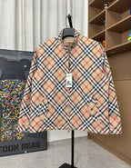 Burberry long jacket, beige plaid, zip front with stand collar and chest logo