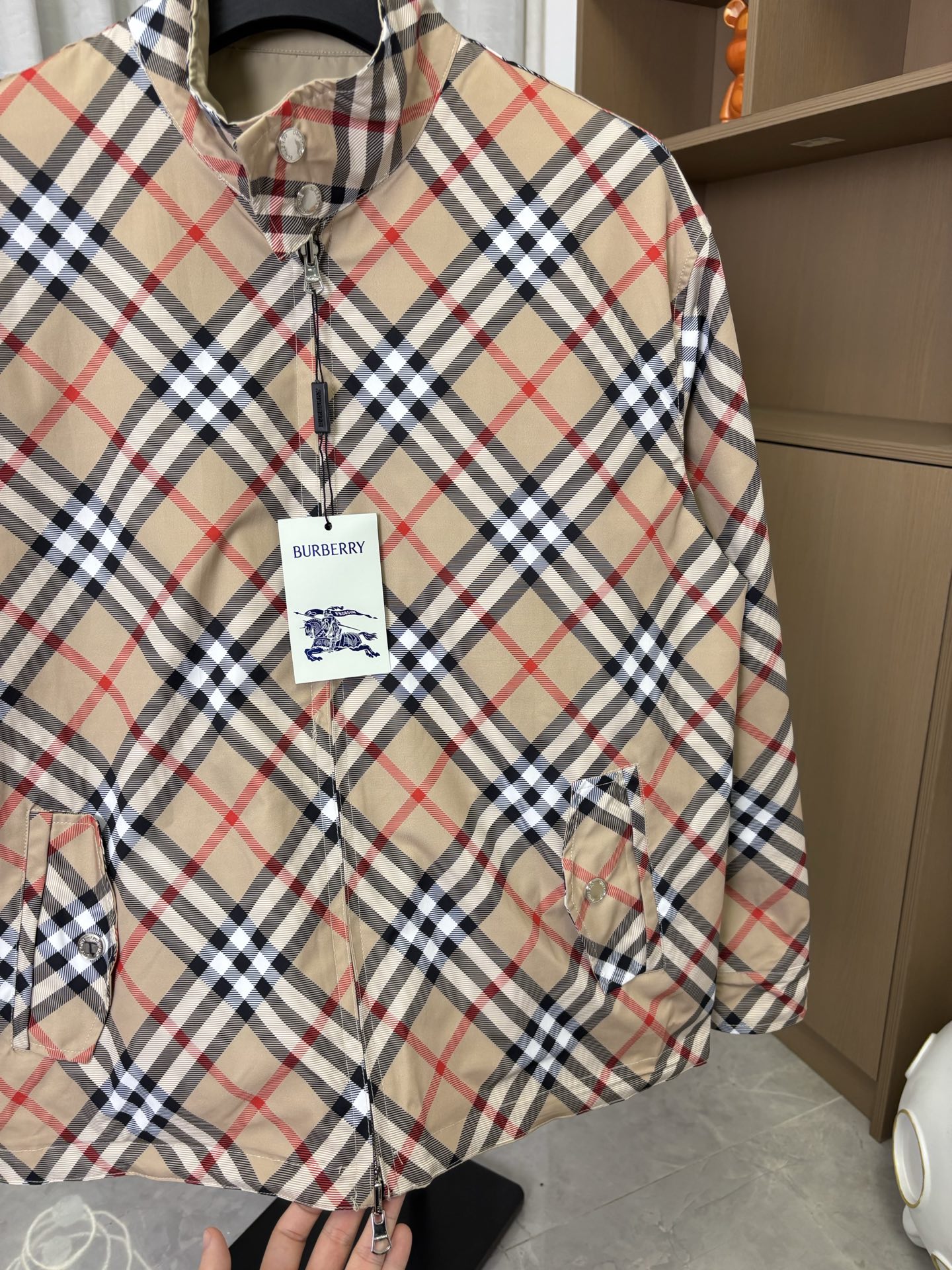 Burberry long jacket, beige plaid, close-up of zip front and inner plaid stand collar