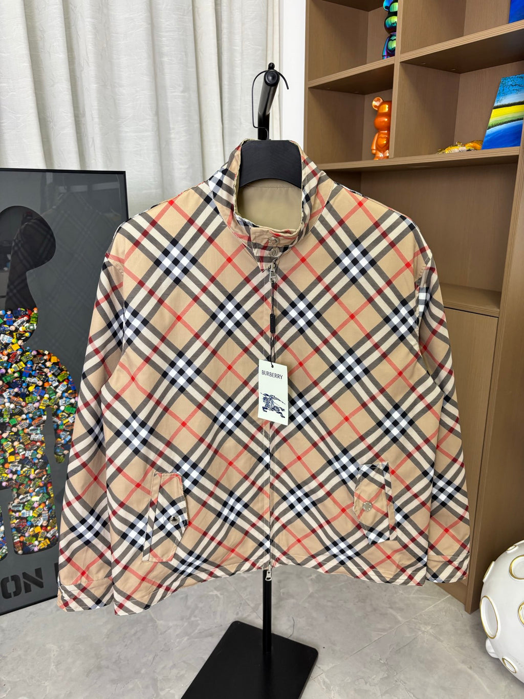 Burberry long jacket, beige plaid, stand collar with zip front and chest logo patch