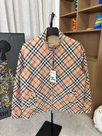 Burberry long jacket, beige plaid, stand collar with zip front and chest logo patch