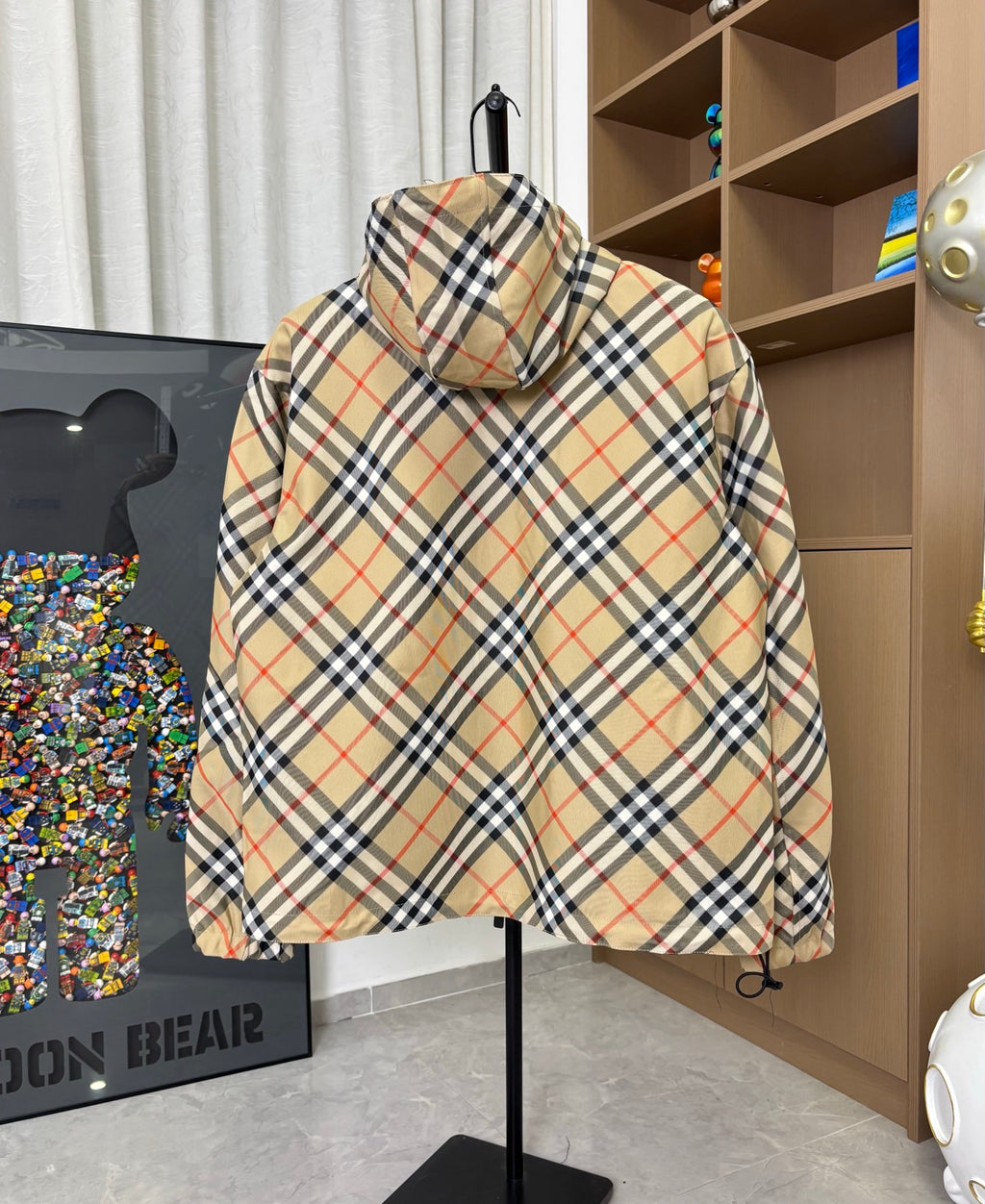 Burberry plaid hooded jacket back view with attached hood